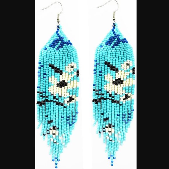 Long 5.5" Japanese White Blue Sakura Blossom Handmade Flower Oversized Earrings - Picture 6 of 6